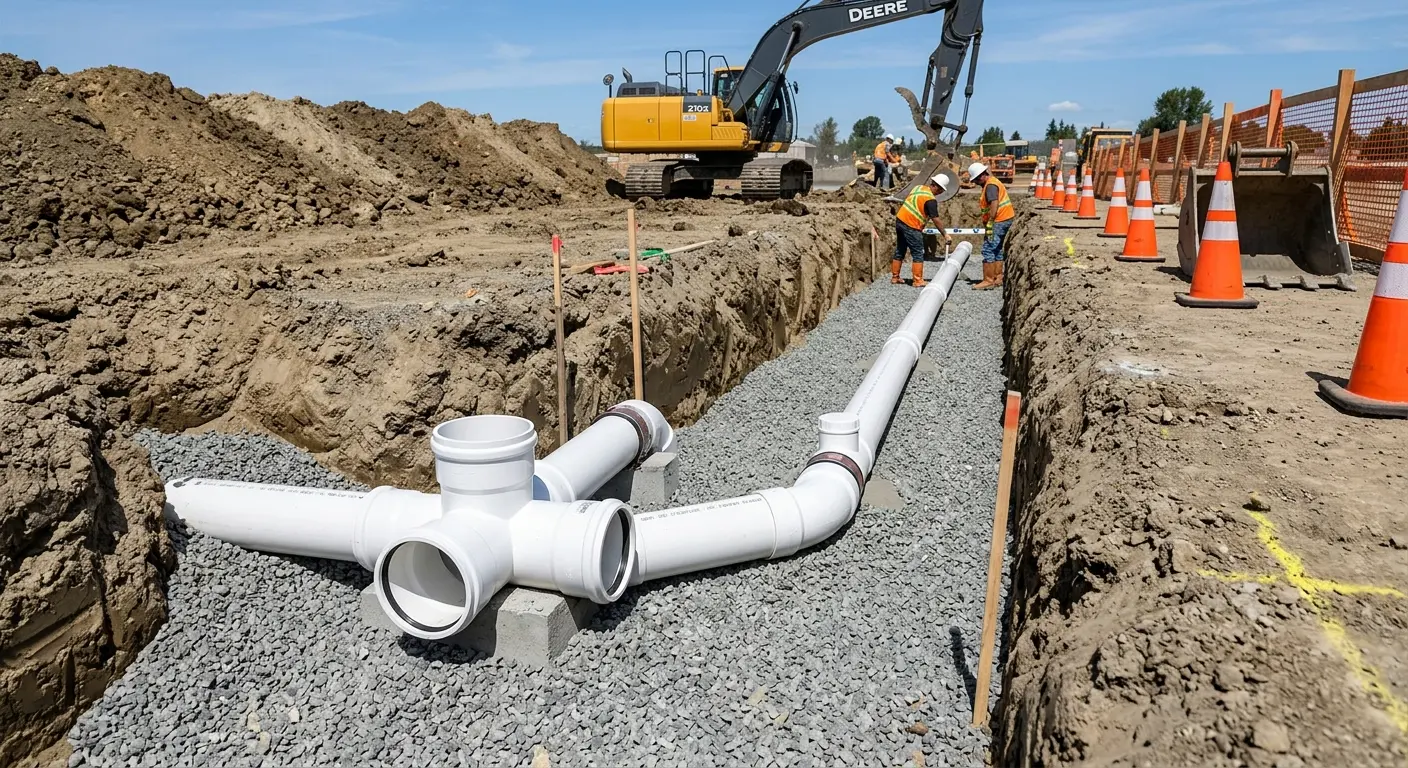 New PVC sewer pipe installation in open trench for Sewer Backup in Gloucester Point