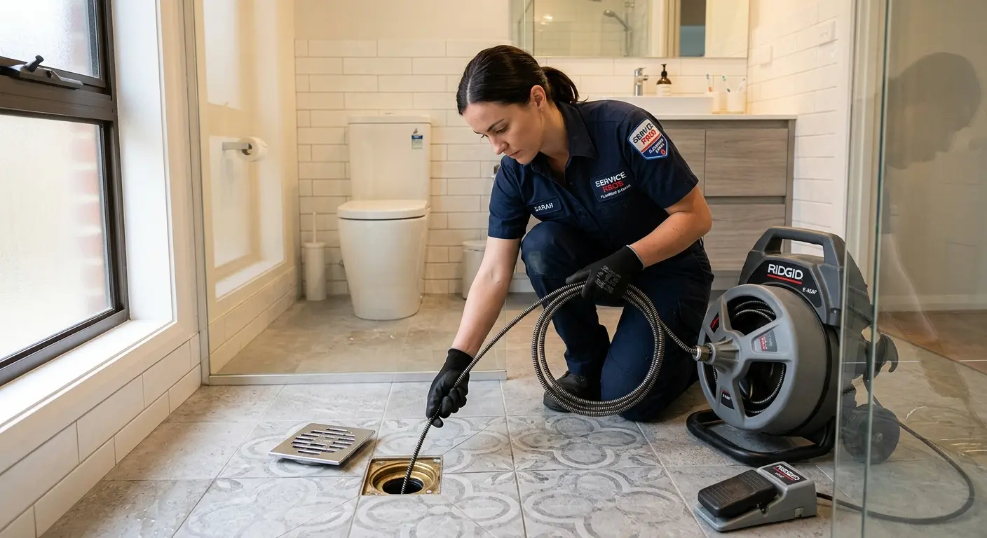 Technician clearing a bathroom floor drain for Drain Cleaning in Gloucester Point